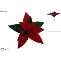 Stelo Fiore Decorativo 32cm In Velluto Con Bordo Glitter Rosso/verde Di Dueesse