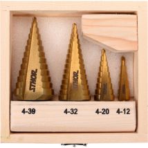 Sthor - 22617 - Broca escalonada hss titanio para metal, madera y plástico, tamaños 4-12/4-20/4-32/4-39 mm, centrado automático cónico, ideal para