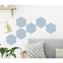 Sticker carrelage adhésif hexagonale 15x15 cm, 6 pièces, bleu et beige, motifs géométriques floraux chic décoratifs autocollants.