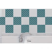 Sticker carrelage adhésif 10x10 cm, x9, formes éclailles japonaises, ton bleu canard, déco crédence autocollant, décoration murale intérieure.