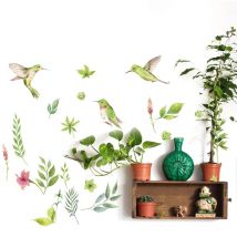 Sticker autocollant décoratif 68 cm x 48 cm, illustration aquarelle de colibris entourés de feuilles et fleurs.