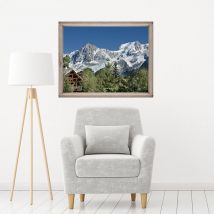 Sticker mural 3D pour fenêtre, vue sur montagne enneigée avec chalet et forêt de résineux, 60x75cm, décoration intérieure