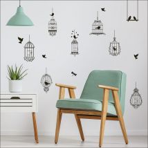 Sticker Autocollant 68x48cm Décoratif - Illustration Romantique Cages Oiseaux & Silhouettes Oiseaux Noirs