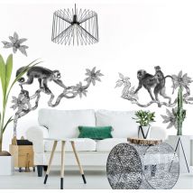 Sticker Mural Décoratif 68x48cm, Famille de Singes Aquarelle Noir, Décoration Murale Originale et Colorée
