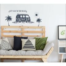 Sticker Autocollant Décoratif Let's Go to the Beach, 68 cm x 48 cm, Van Vintage Bleu, Déco Murale Intérieure, Illustration Rétro.