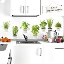 Sticker décoratif, 7 pots blancs d'herbes aromatiques pancarte, dans le jardin en anglais, 68 cm x 48 cm