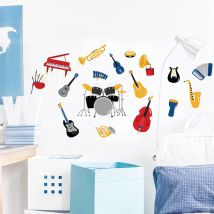 Sticker Autocollant Décoration Musique 68x48cm - Instruments de Musique sur Fond Blanc Animé Coloré