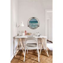 Sticker mural hublot vue sur mer bleu, 75x60cm - Autocollant déco murale trompe l'oeil