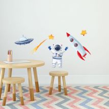 Sticker décoratif, direction Mars astronaute et fusée, style aquarelle, 68 cm X 24 cm