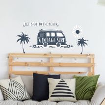 Sticker décoratif, illustration let's go to the beach, déco vintage bleue avec un van, 68 cm X 48 cm