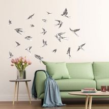 Sticker décoratif, Oiseaux hirondelles dessinées à la main couleur noir sur fond blanc, 68 cm x 24 cm