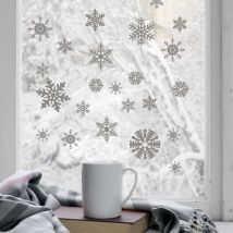 Sticker Vitre Noël 21x29,7cm - Étoiles et Flocons Argentés - Autocollant Electrostatique