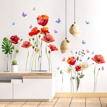 Ahlsen Sticker mural coquelicot fleur rouge Stickers muraux plantes papillon Stickers muraux chambre salon cuisine décoration murale