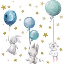 Sticker mural personnalisé aquarelle animal avec nom Sticker mural chambre d'enfant chambre de bébé salle de jeux pour filles (lapin avec ballons)