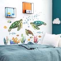 Sticker Mural Tortues de Mer, Corail et Algues - Décoration Murale pour Chambre, Salle de Bain - Autocollants Transparent pour Tortue de Mer