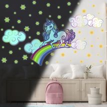 Sticker phosphorescent lumineux - licorne sur arc-en-ciel - Autocollant mural plafond enfant fluorescent - 90x120cm