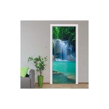 Tuserxln - Sticker Porte Effet 3D - Autocollant De Porte Trompe L'Oeil - 77X200cm - Paysage De Cascade De Forêt Verte Papier Peint - Auto-Adhésif