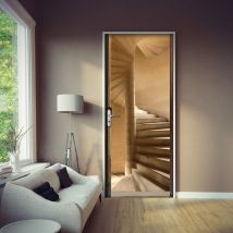 Sticker porte, porte en bois ouverte sur un escalier en pierre, style forteresse, 204 cm x 60 cm
