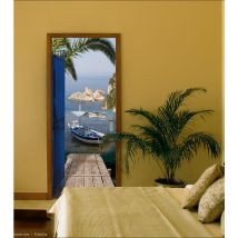 Sticker porte, trompe l'oeil porte en fer bleu, vue sur mer avec ponton, pêche , 204 cm x 60 cm