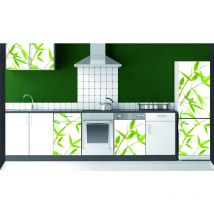 Sticker mural réfrigérateur 180x60cm, tiges de bambou vertes, style zen, décoration intérieure pour cuisine.