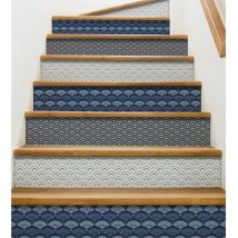 Lot de 3 Contremarches Autocollantes Oscata 19,5x100cm, Forme Géométrique Éventails Bleus et Blancs, Style Asiatique -