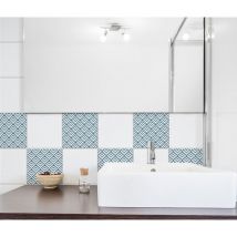 Sticker adhésif carrelage terrazo bleu, carrés alignés, formes géométriques, 20 cm x 20 cm, x4, pour homestaging déco intérieure