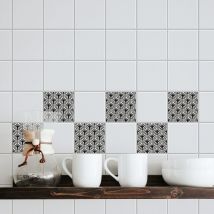 Sticker adhésif carrelage 15x15cm Hemsedal, x4, motif éventail noir sur fond blanc - Parfait pour homestaging et décoration intérieure