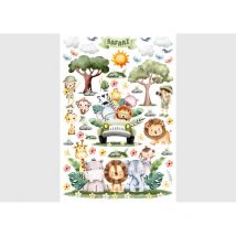 Stickers animaux - Safari dans une voiture verte - 1 planche 42,5 x 65 cm