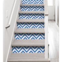 Contremarche adhésive autocollante, 3 pièces, 19,5 x 100 cm, motif chevrons bleus, lignes bleu et blanche - Décoration intérieure graphique et stylée