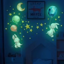 Stickers Mural Lapin Lumineux, Lumineuses Arc en Ciel Wall Stickers, Autocollant Mural Lune Étoile Fluorescent, Phosphorescentes Stickers Muraux