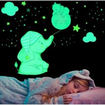Stickers Mural Éléphant Lumineux, Autocollant Mural Lune Étoile Fluorescent, Lumineuses Wall Stickers, Phosphorescentes Stickers Muraux Amovible,