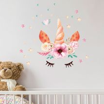 Stickers muraux Sticker Mural Autocollant - fleurs de licorne - adhésifs fond transparent - 60x60cm