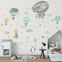 Stickers muraux Sticker Mural Autocollant - montgolfières et animaux saltimbanques - Stickers adhésifs - 120x90cm
