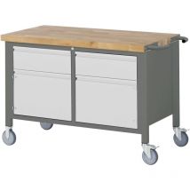 Stier - Fahrbare Werkbank Premium, 2 Schubladen und 2 Türen, 125x70x88cm, Stahl & Buche, Montagewerkbank