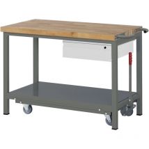 Stier - Werkbank Premium, mit abs. Fahrgestell, 1 Schublade, 125x70x88cm, Stahl & Buche