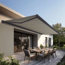 Store banne Coffre intégral protect 2 led Gris Anthracite 4,05x3,50m Motorisé à télécommande + Eclairage led - Toile Grise Rayée