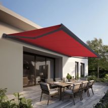 Store banne Coffre intégral protect 2 smart Gris Anthracite 4,05x3,50m Motorisé à télécommande + Capteur Vent - Toile Rouge