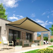 Store banne coffre intégral hevoa 4,05x3,50 m (Motorisé Secours à Télécommande + led - Gris anthracite structuré RAL7016ST - Écru)