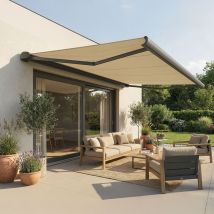 Intersun - Store banne coffre intégral hevoa 4,05x3,50 m (Manuelle - Gris anthracite structuré RAL7016ST - Écru)