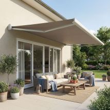 Store banne coffre intégral soa 5,00x3,50 m (Motorisé Secours à Télécommande + led - Blanc satiné RAL9010 - Taupe)