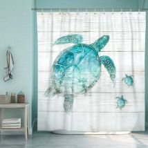 Beach Shower Curtain Teal Sea Turtle - 180 x 180cm - Blue Ocean Sea Animals Bathroom Curtain - Turquoise Gray - Rustic Polyester - Waterproof with 12