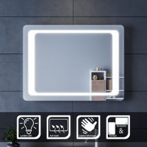 Sonni - sirhona Specchio da Bagno led, Specchio Bagno Illuminato 80 x 60 cm, con Interruttore a Infrarossi e Anti Appannamento, Specchio da Parete