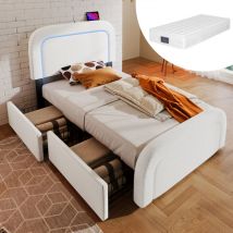 Okwish - Struttura letto con funzione di ricarica usb tipo c, illuminazione led e 2 cassetti, letto singolo imbottito 90x200 cm, testiera regolabile