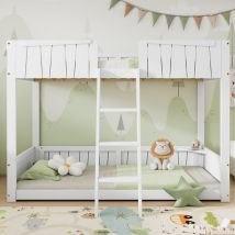 Strutture letto a castello 90x200 cm, letto per bambini, scaletta a 3 gradini, barriera con doghe in legno, pino + mdf, bianco