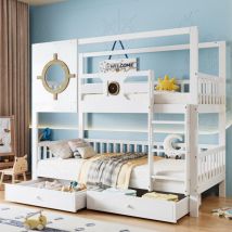 Hauss Spole - Strutture letto a castello 90x200 cm, per bambini, pino+MDF, letto a soppalco, 2 cassetti su ruote, anticaduta, bianco+naturale