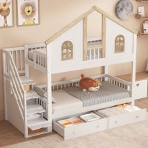 Hauss Spole - Strutture letto a castello 90x200cm, letto per bambini anticaduta, 2 cassetti con ruote, pino + mdf, senza materasso, bianco