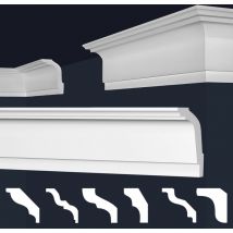Stuckleisten xps Styropor weiß 2 Meter Deckenleisten Wandleisten E-Leisten Modelle: E-33 / 56x86mm, 1-Innenecke / 1-Außenecke - Marbet Design