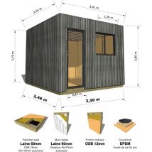 STUDIO DE JARDIN • 11,8 m2 - 3,35 x 3,52m • Plancher isolé • Bardage Gris • Intérieur OSB