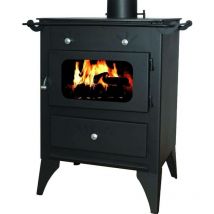 Stufa a Legna in Acciaio 6,9 - 10 kW Vieste in Acciaio con Ampio Vetro Ceramico con Porta Salviette e Piastra Cottura
