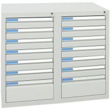 Schubladenschrank Serie esta, 14 Schubladen lichtgrau (12x100, 2x200mm) - Stumpf